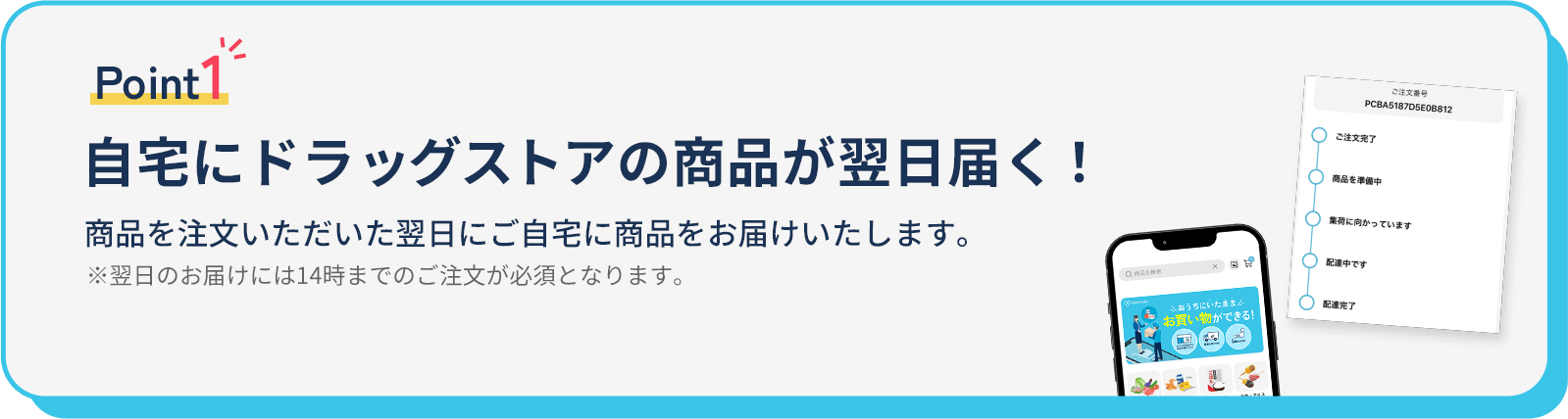 自宅におくすり+商品が最短30分～当日に届く!ご自宅に服薬指導後、最短30分でお届けします。※配送時間は当日の配送状況やエリアによって異なります。
																	   ※当日配送エリアについては公式サイト(https://sokuyaku.jp)よりご確認ください。