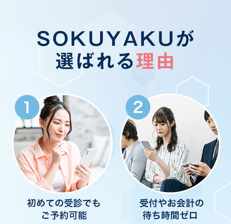 SOKUYAKUが選ばれる理由　①初めての受診でもご予約可能②受付やお会計の待ち時間ゼロ