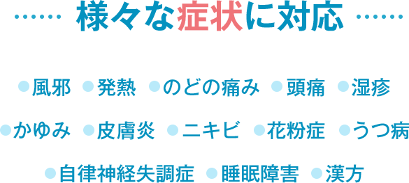 ・風邪・発熱・のどの痛み・頭痛・湿疹・かゆみ・皮膚炎・ニキビ・花粉症・うつ病・自律神経失調症・睡眠障害・漢方