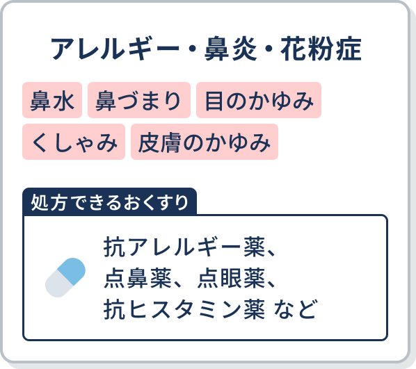 アレルギー・鼻炎・花粉症 【処方できるおくすり】抗アレルギー薬、点鼻薬、点眼薬、抗ヒスタミン薬 など