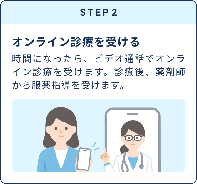 STEP2 オンライン診療を受ける | 時間になったら、ビデオ通話でオンライン診療を受けます。診療後、薬剤師から服薬指導を受けます。