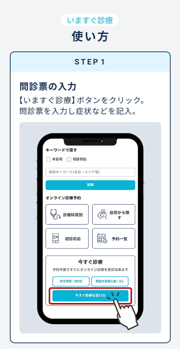 STEP 1　問診票の入力　【いますぐ診療】ボタンをクリック。問診票を入力し症状などを記入。