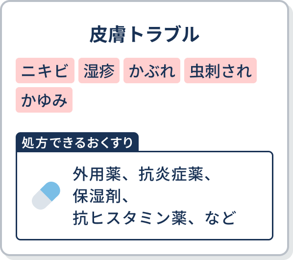 皮膚トラブル 【処方できるおくすり】外用薬、抗炎症薬、保湿剤、抗ヒスタミン薬、など