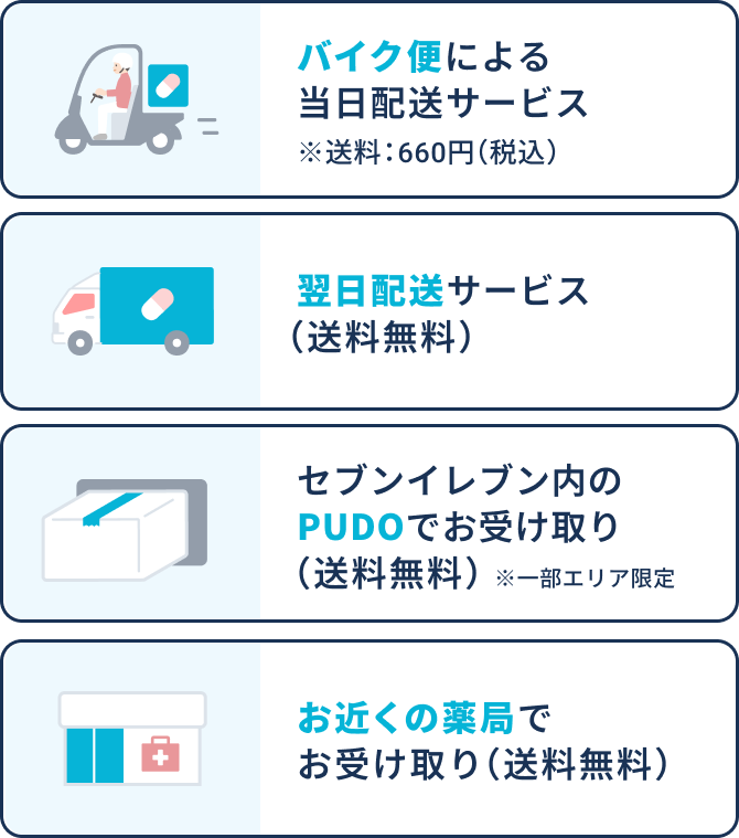 ①お近くの薬局でお受け取り（送料無料）②バイク便による当日配送サービス ③翌日配送サービス（送料無料）④PUDOでお受け取り（送料無料）※一部エリア限定