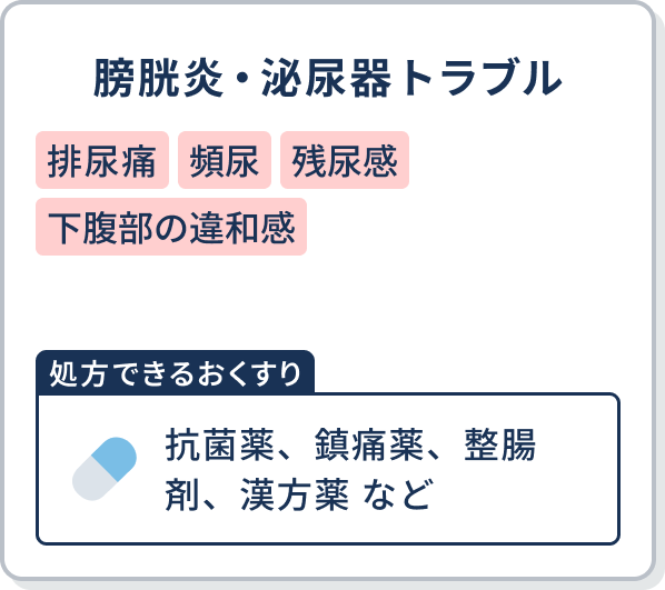 膀胱炎・泌尿器トラブル 【処方できるおくすり】抗菌薬、鎮痛薬、整腸剤、漢方薬 など