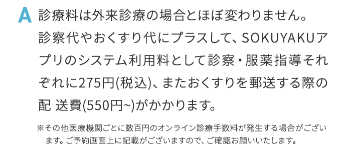 A 診療料は外来診療の場合とほぼ変わりません。診察代やおくすり代にプラスして、SOKUYAKUアプリのシステム利用料として診察・服薬指導それぞれに275円（税込）、またおくすりを郵送する際の配送費（550円から）がかかります。※その他医療機関ごとに数百円のオンライン診療手数料が発生する場合がございます。ご予約画面上に記載がございますので、ご確認お願いいたします。