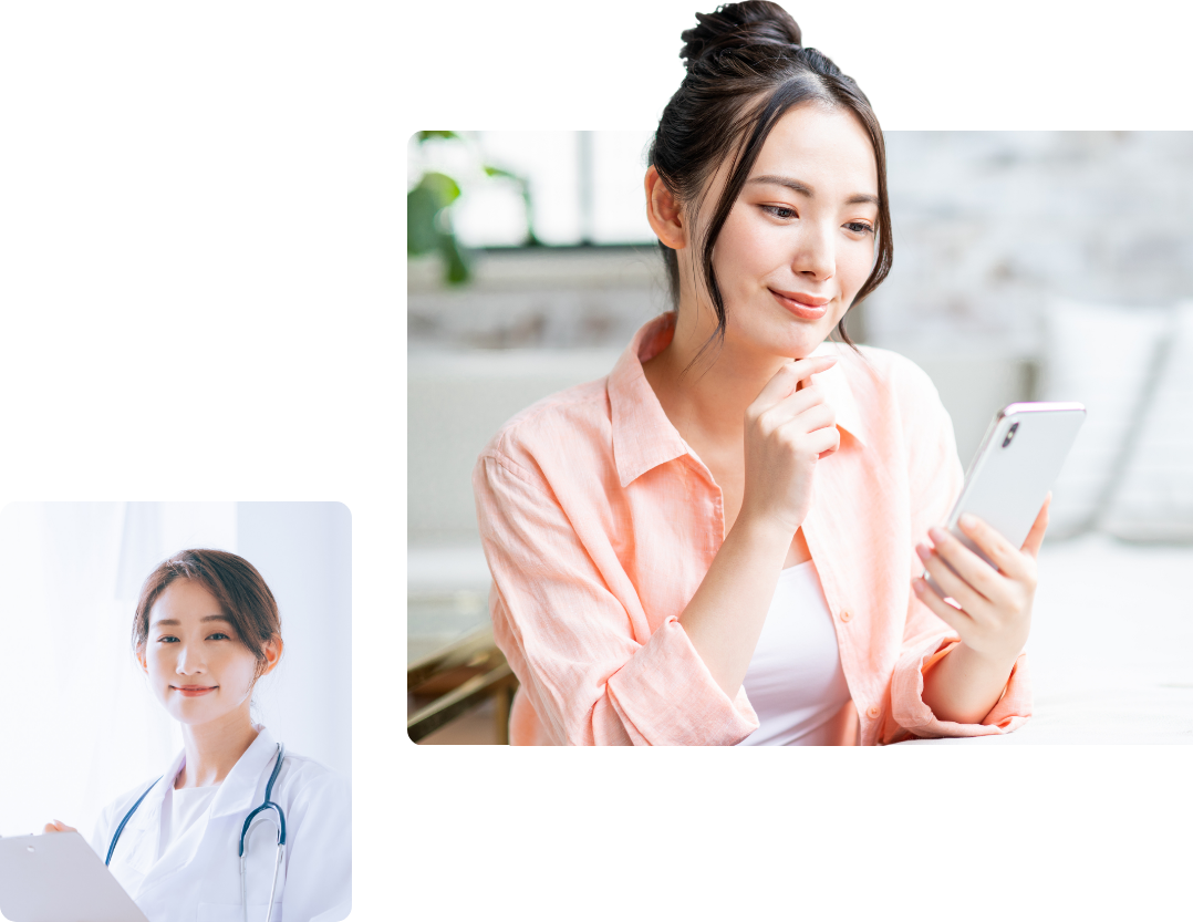 スマホでオンライン診療を受ける女性と対応する医師